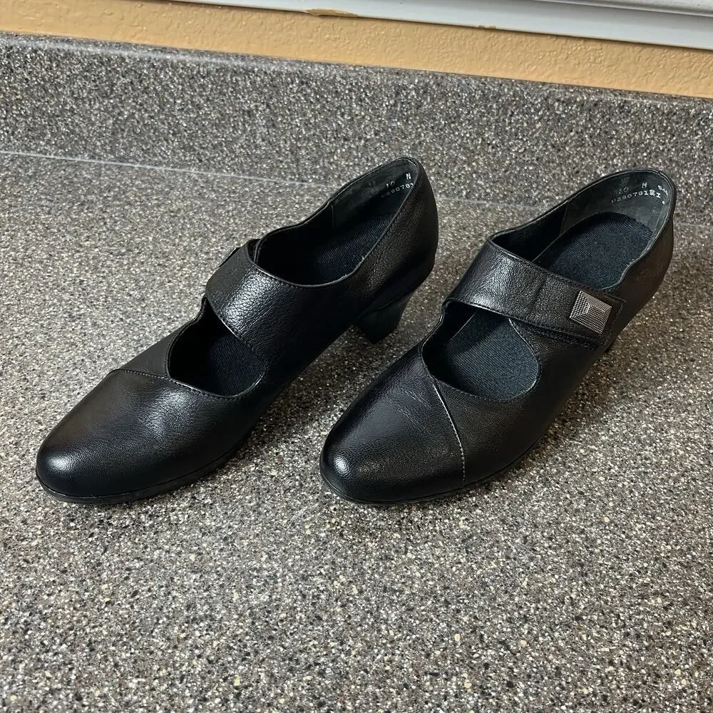 Munro Women's Size 10 N Black Leather Mary Jane Pump Snap On Comfort Heels Shoes